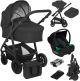 Lionelo Bianka Kinderwagen 3 in 1 - Reiswieg + Wandelwagen + Autostoel - Grote Luchtbanden, Volledige Vering - Inklapbaar - Verstelbare duwstang - Buggy Omkeerbare Zitting - 0-22kg - Accessoireset - Zwart