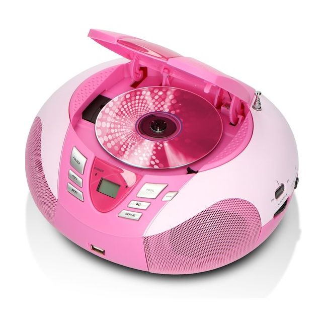 Draagbare cd-speler, boombox met bluetooth, afstandsbediening, FM-radio, USB, MP3-weergave, compatibel met CD-R/CD-RW (wit paars